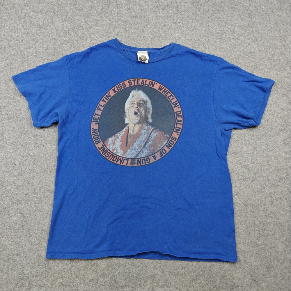 WWE Shirt Mens Large Blue Ric Flair Graphic Crewneck Wrestling Logo Tee